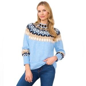 CeCe Blue Patterned Crew Neck Sweater
